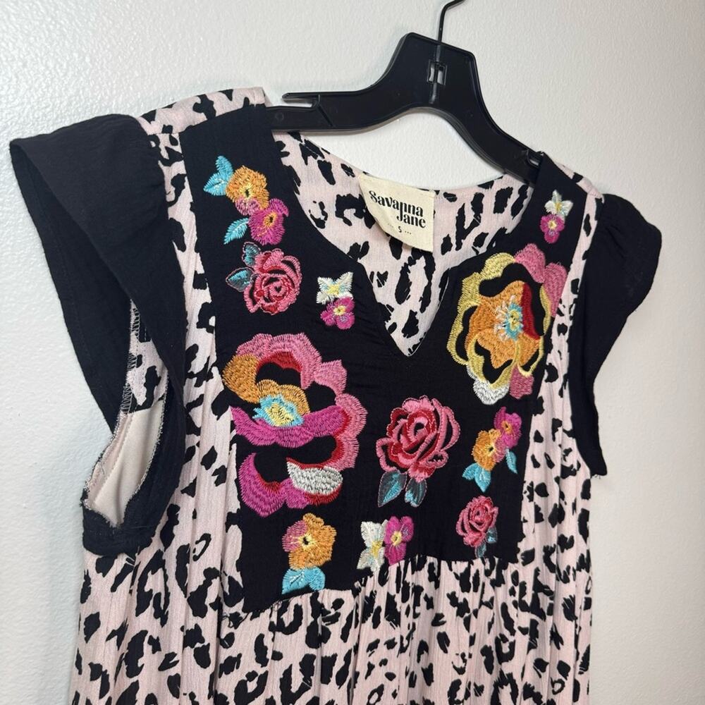 SAVANNA JANE Shift Dress Leopard Print Embroidered Floral Boho Dress Size Small - Picture 3 of 6